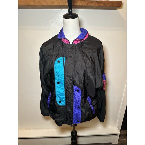 Rare VTG BOCOO Color Block Full Zip Windbreaker Jacket 80s 90s Black Women’s M - Picture 1 of 9